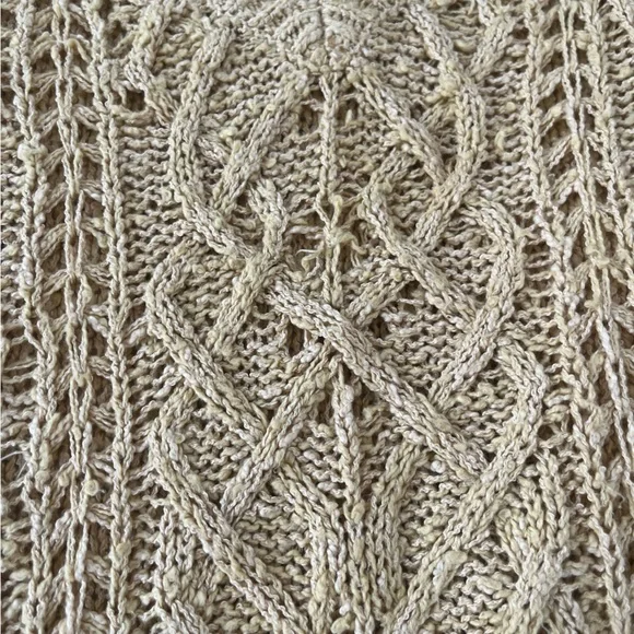 FREE PEOPLE Cross My Heart Yellow Loose Cable Knit Sweater Sz S Boho grunge fray - Picture 6 of 9